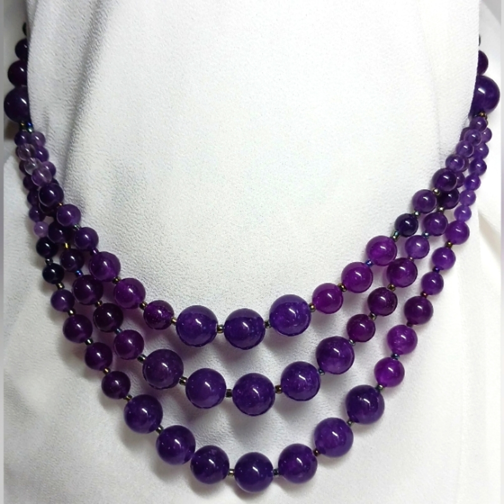 Natural Purple Amethyst Gemstone Beaded Necklace, Smooth Round Beads